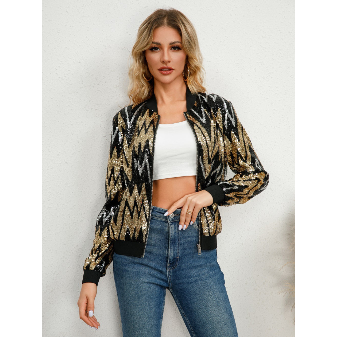 SUENTA Damen Schicke Reißverschlussjacke Für Paillette Glitzer Schwarz