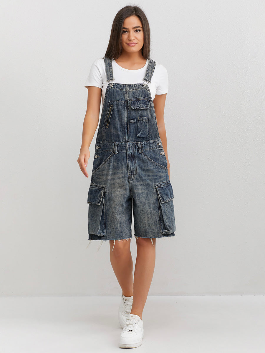 SUENTA Damen Denim Latzshorts – Vintage Inspirierter Overall mit Lockerer Passform