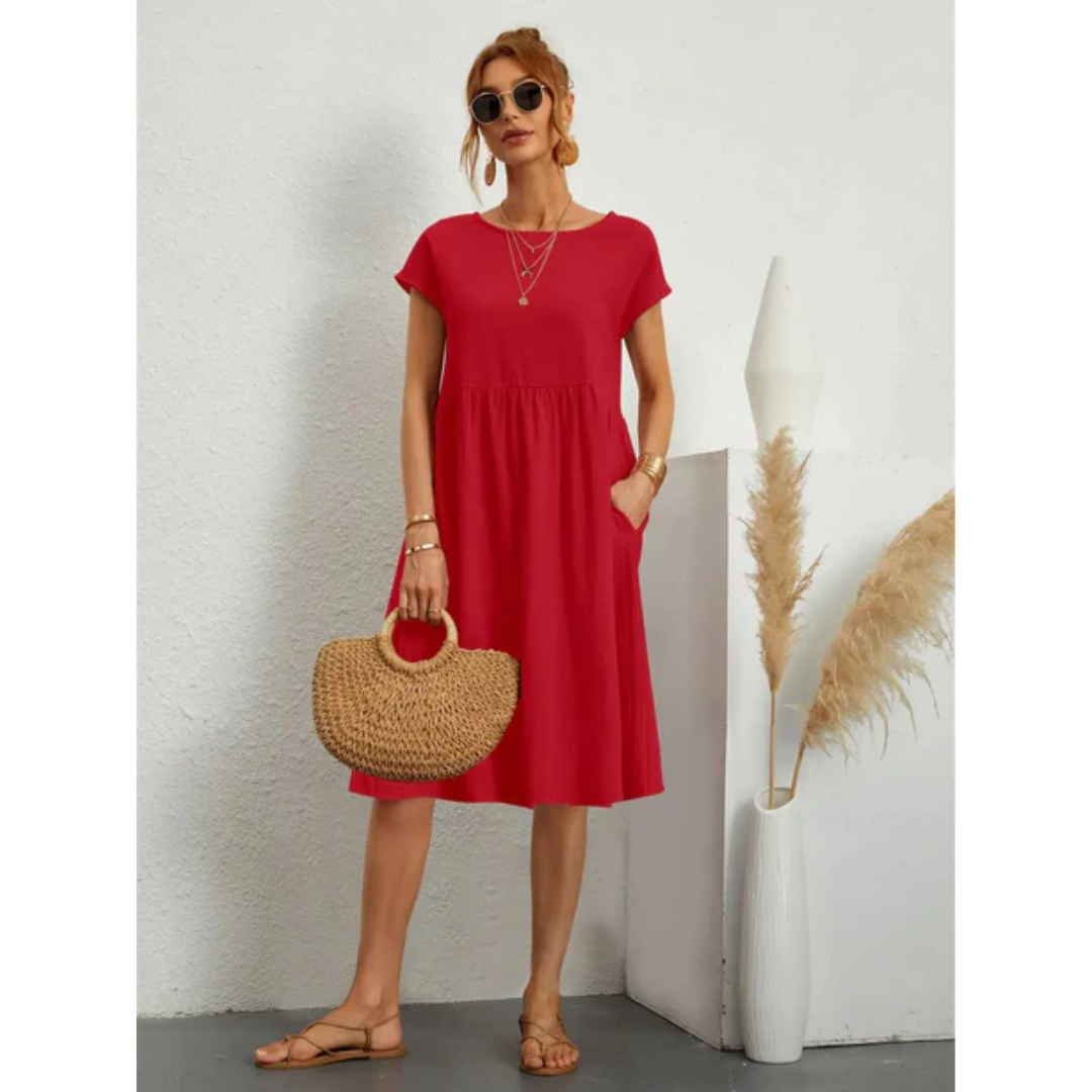 SUENTA Damen Sommerkleid – Midi Kleid mit Kurzen Ärmeln aus Hochwertigem Stoff Orangerot
