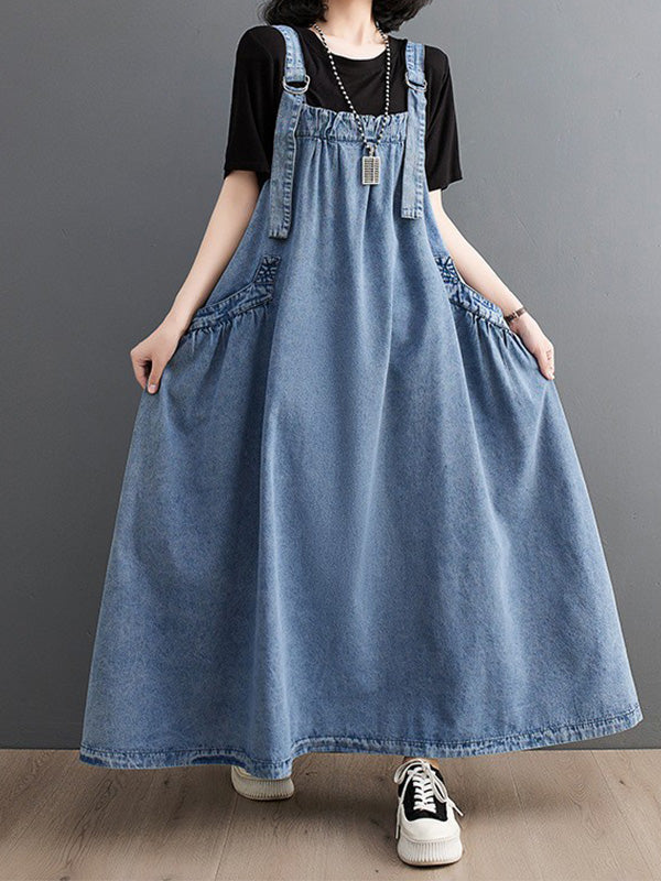 SUENTA Damen Denim Trägerkleid – Lockerer Overall aus Weichem Denim in Rockform Hellblau