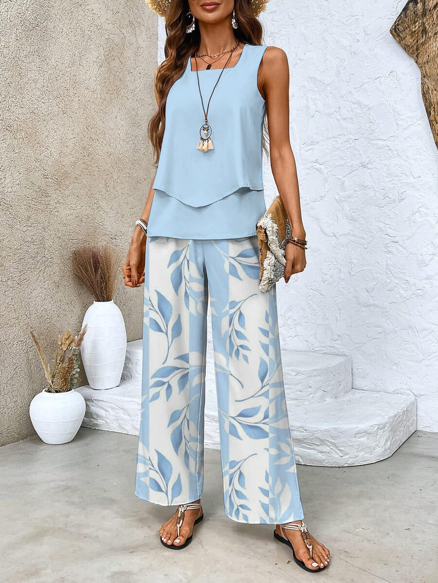 SUENTA Damen Sommer Zweiteiler – Elegantes Set mit Blauem Blumenmuster Blau