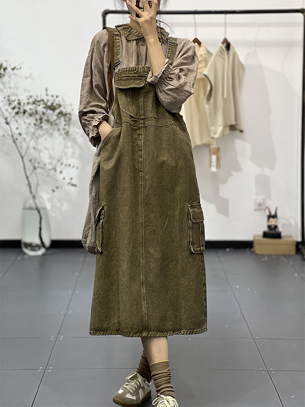 SUENTA Damen Cargo Overall Kleid – Vintage Inspirierter Einteiler mit Schulterriemen Thatch Grün