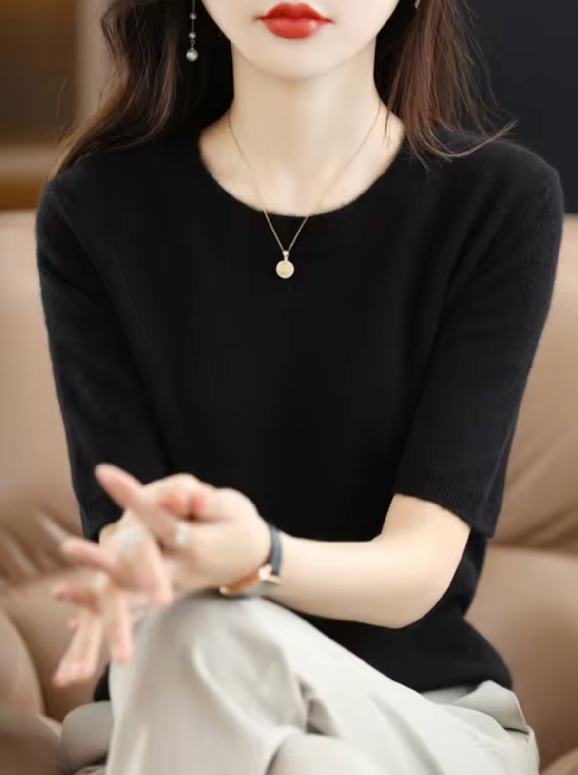 SUENTA Kurzärmliger Pullover aus Wolle Weiche Wärme Schwarz