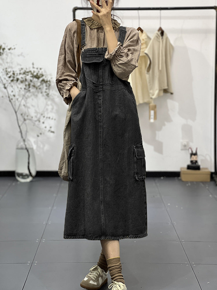 SUENTA Damen Cargo Overall Kleid – Vintage Inspirierter Einteiler mit Schulterriemen Schwarz