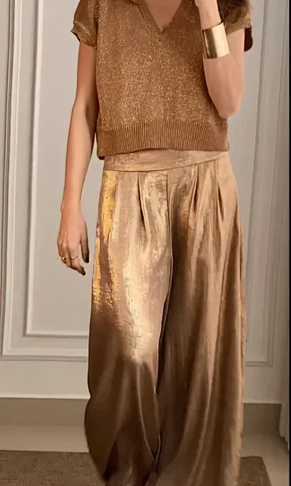 SUENTA Damen Zweiteiler Set – Schickes Goldenes Outfit mit Stil und Eleganz Gold - Gold