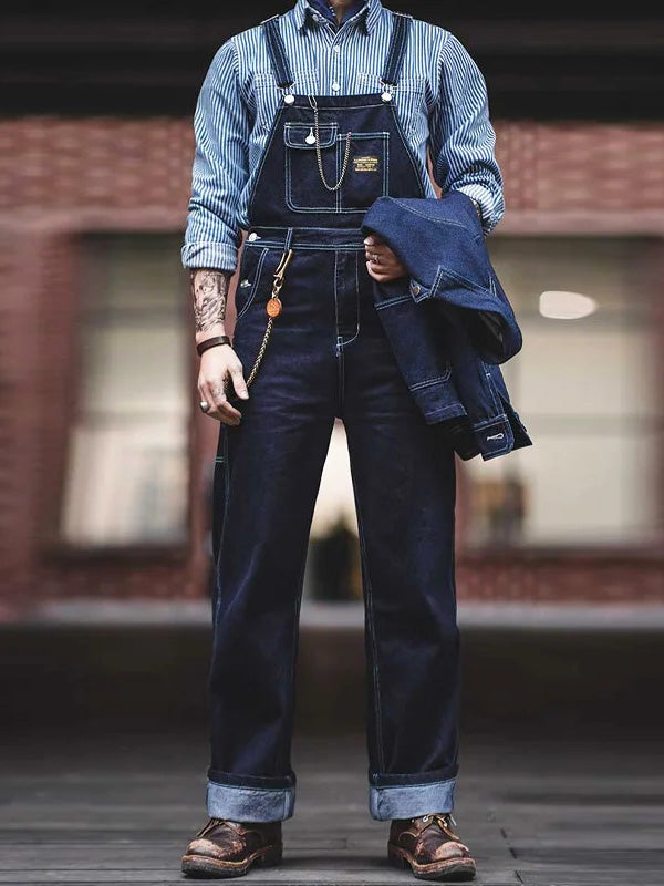 SUENTA Herren Latzhose Indigo Denim 100 Baumwolle Schmale Passform - Overall Dunkelblau