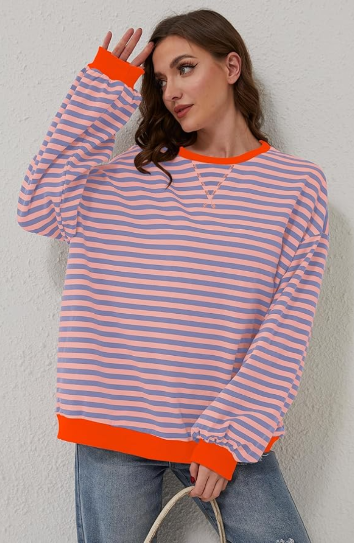 SUENTA Damen Gestreifter Oversize-Pullover Gemütlich Rosa & Blau