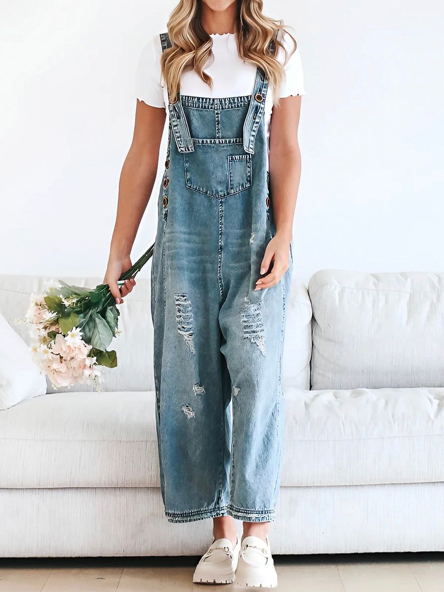 SUENTA Damen Denim Latzhose – Lockerer Distressed Overall aus Gewaschenem Denim Mittelblau