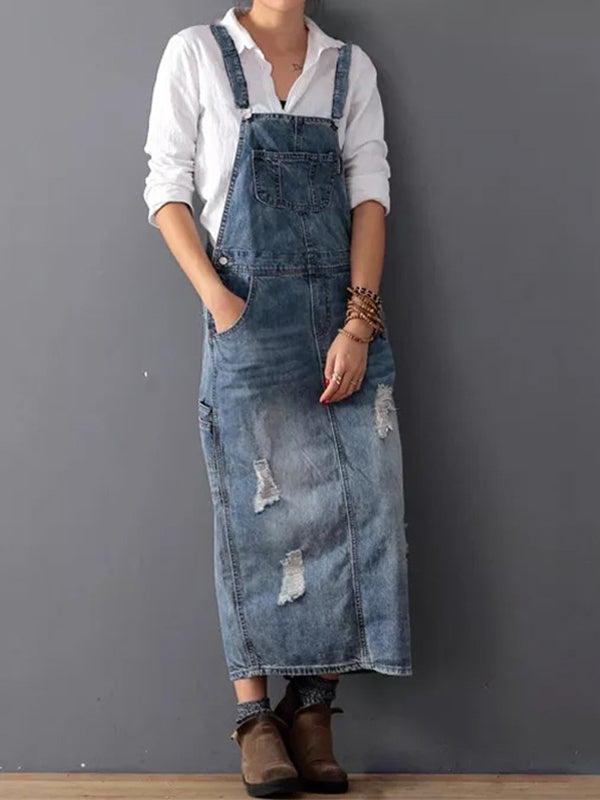 SUENTA Damen Denim Latzkleid – Distressed Overall aus Denimstoff mit Rückenschlitz Hellblau