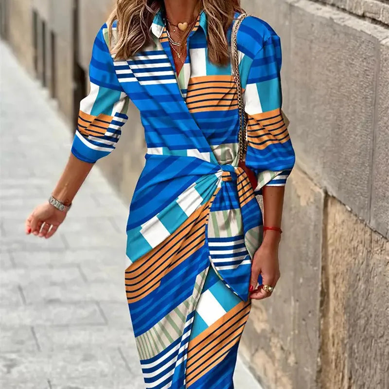 SUENTA Damen Wickelkleid – Elegantes Kleid mit 3/4-Ärmeln für Viele Anlässe Blau und Braun gestreift