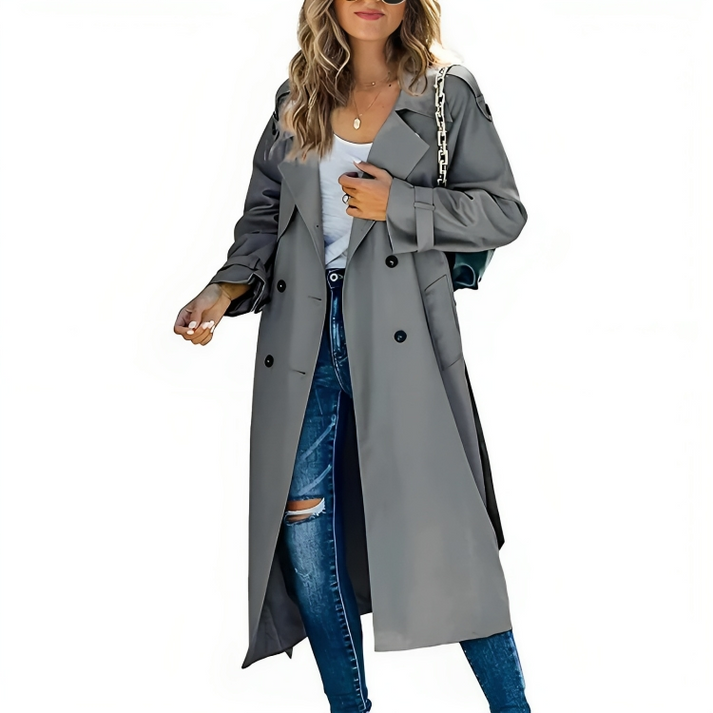 SUENTA Damen Eleganter Zweireihiger Trenchcoat Mit Knopfleiste Grau