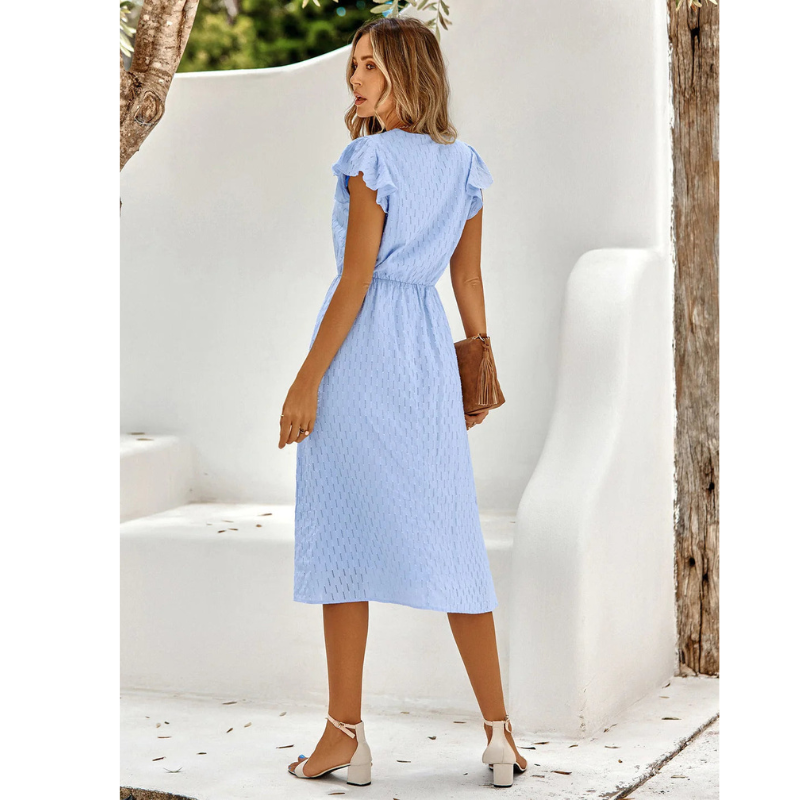 SUENTA Damen Sommerkleid mit V-Ausschnitt - Kurzarm, Midi und mit Rüschen