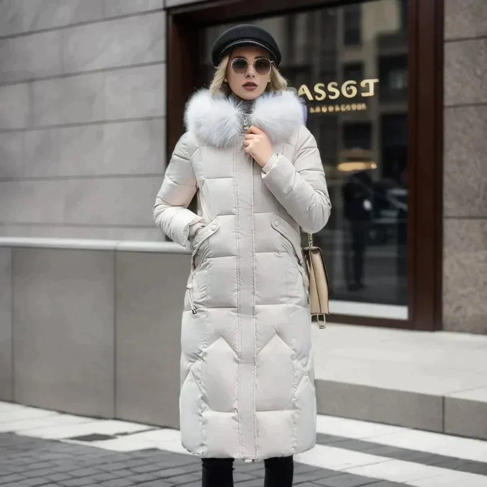 SUENTA Damen Stylischer Mantel mit Kunstfell Warm Gefüttert Winter Weiss