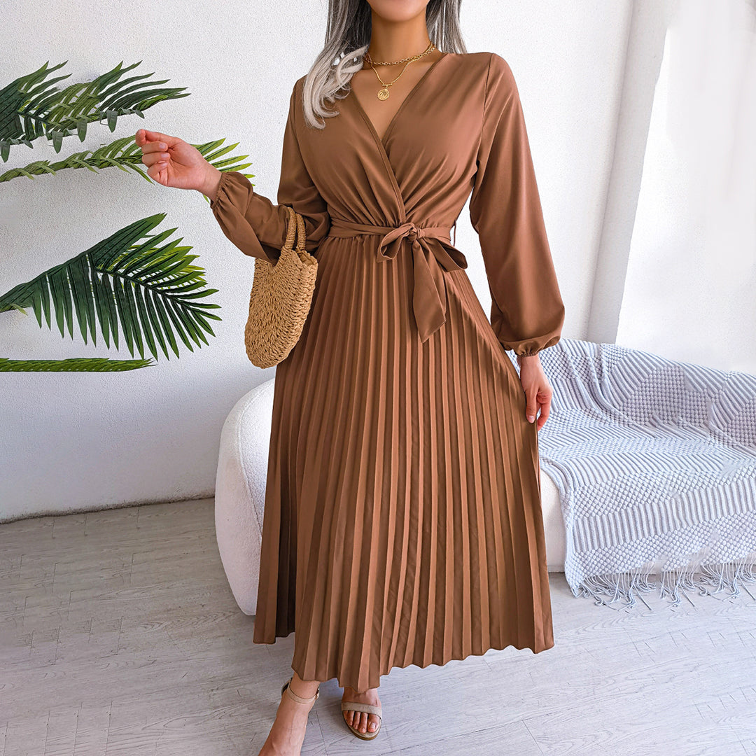 SUENTA Damen Elegantes Maxi-Kleid - Langarm, mit Falten und fließendem Design Kaffee