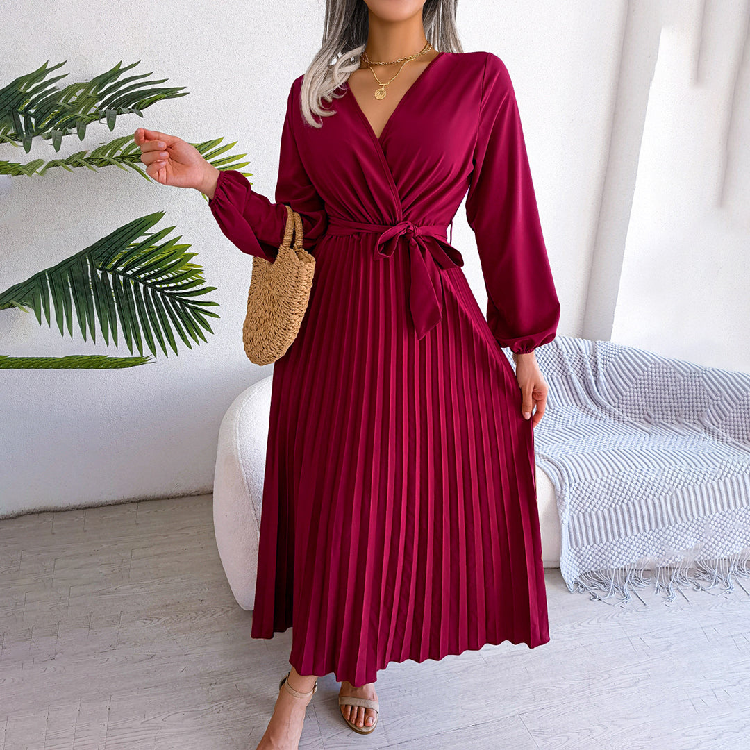SUENTA Damen Elegantes Maxi-Kleid - Langarm, mit Falten und fließendem Design Rot