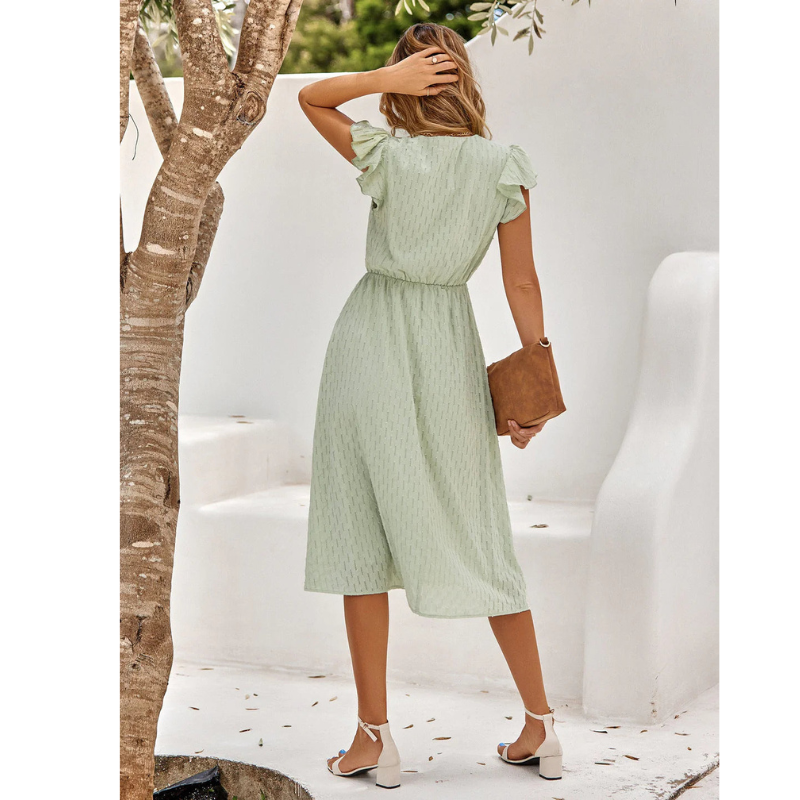 SUENTA Damen Sommerkleid mit V-Ausschnitt - Kurzarm, Midi und mit Rüschen