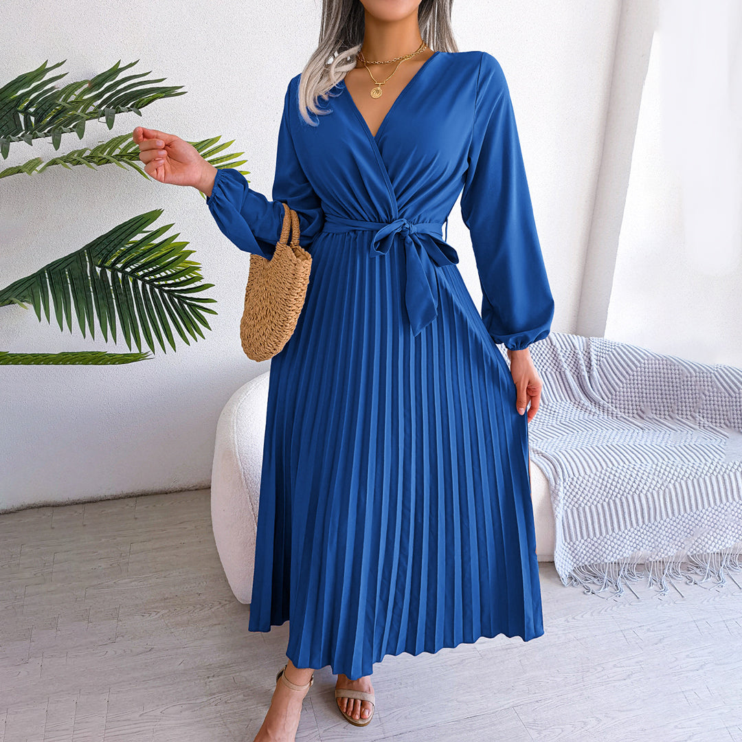 SUENTA Damen Elegantes Maxi-Kleid - Langarm, mit Falten und fließendem Design Blau