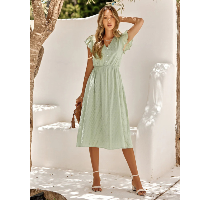SUENTA Damen Sommerkleid mit V-Ausschnitt - Kurzarm, Midi und mit Rüschen Grün