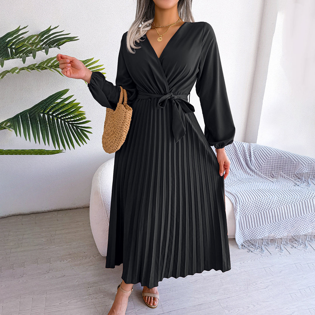 SUENTA Damen Elegantes Maxi-Kleid - Langarm, mit Falten und fließendem Design Schwarz
