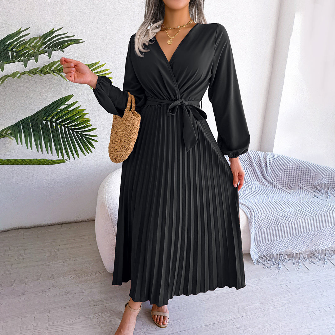 SUENTA Damen Elegantes Maxi-Kleid - Langarm, mit Falten und fließendem Design Schwarz