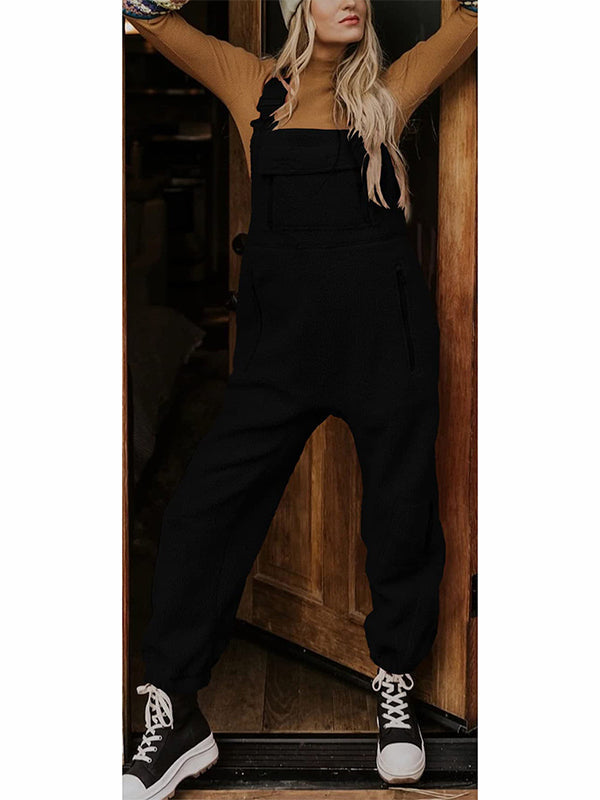 SUENTA Damen Fleece Thermo Overall – Warmer Einteiler mit Praktischen Reißverschlusstaschen Schwarz