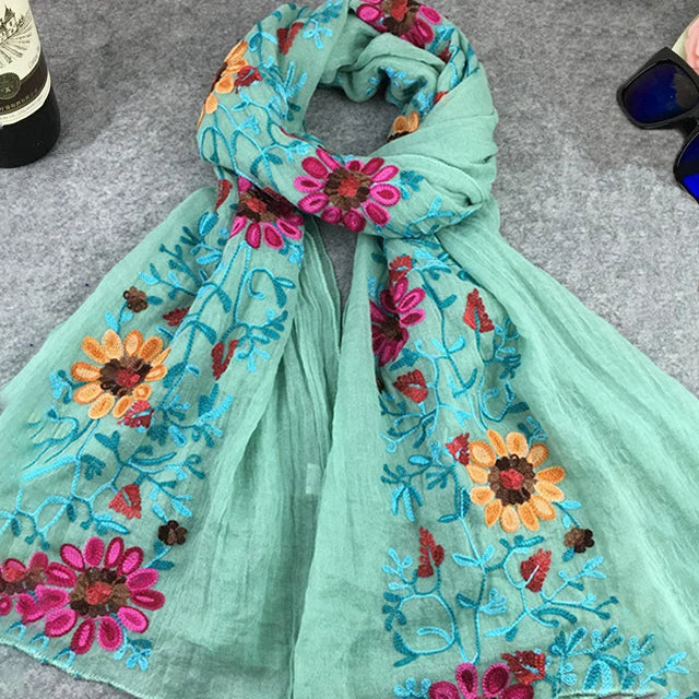 SUENTA Schal Blumenstickerei Bestickter Baumwolle Und Polyester Grün