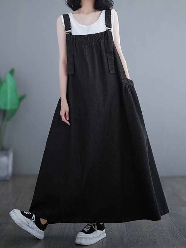 SUENTA Damen Denim Trägerkleid – Lockerer Overall aus Weichem Denim in Rockform Schwarz