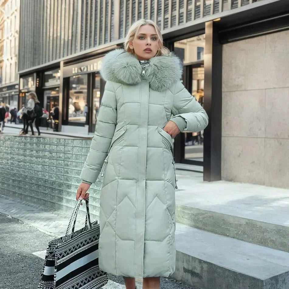 SUENTA Damen Stylischer Mantel mit Kunstfell Warm Gefüttert Winter Grun