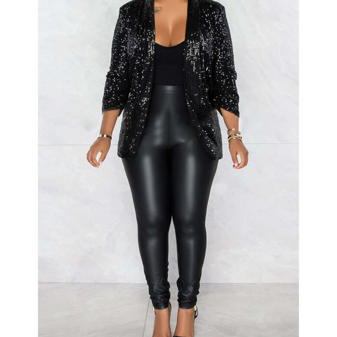 SUENTA Damen Glänzender Party Blazer Mantel Pailletten Pailletten - Winterjacke Damen Schwarz