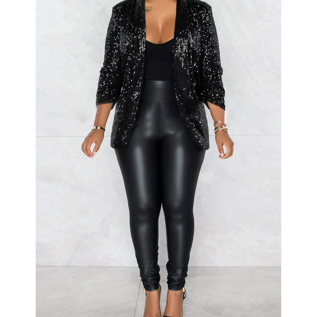SUENTA Damen Glänzender Party Blazer Mantel Pailletten Pailletten - Winterjacke Damen Schwarz