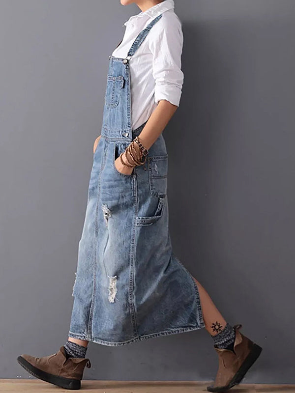 SUENTA Damen Denim Latzkleid – Distressed Overall aus Denimstoff mit Rückenschlitz