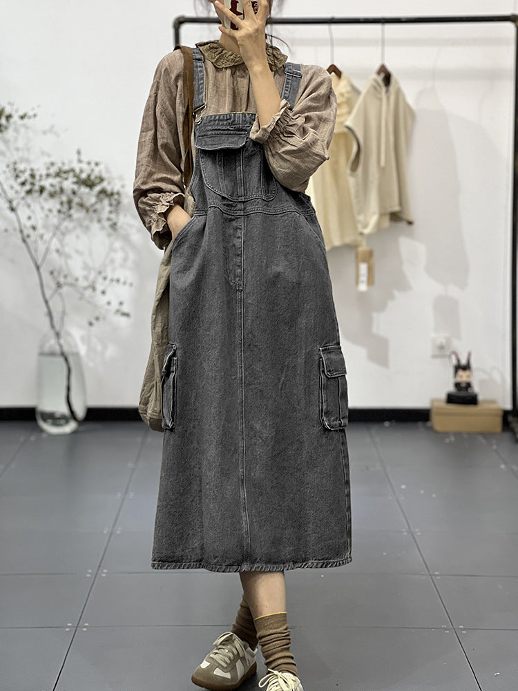 SUENTA Damen Cargo Overall Kleid – Vintage Inspirierter Einteiler mit Schulterriemen Grau
