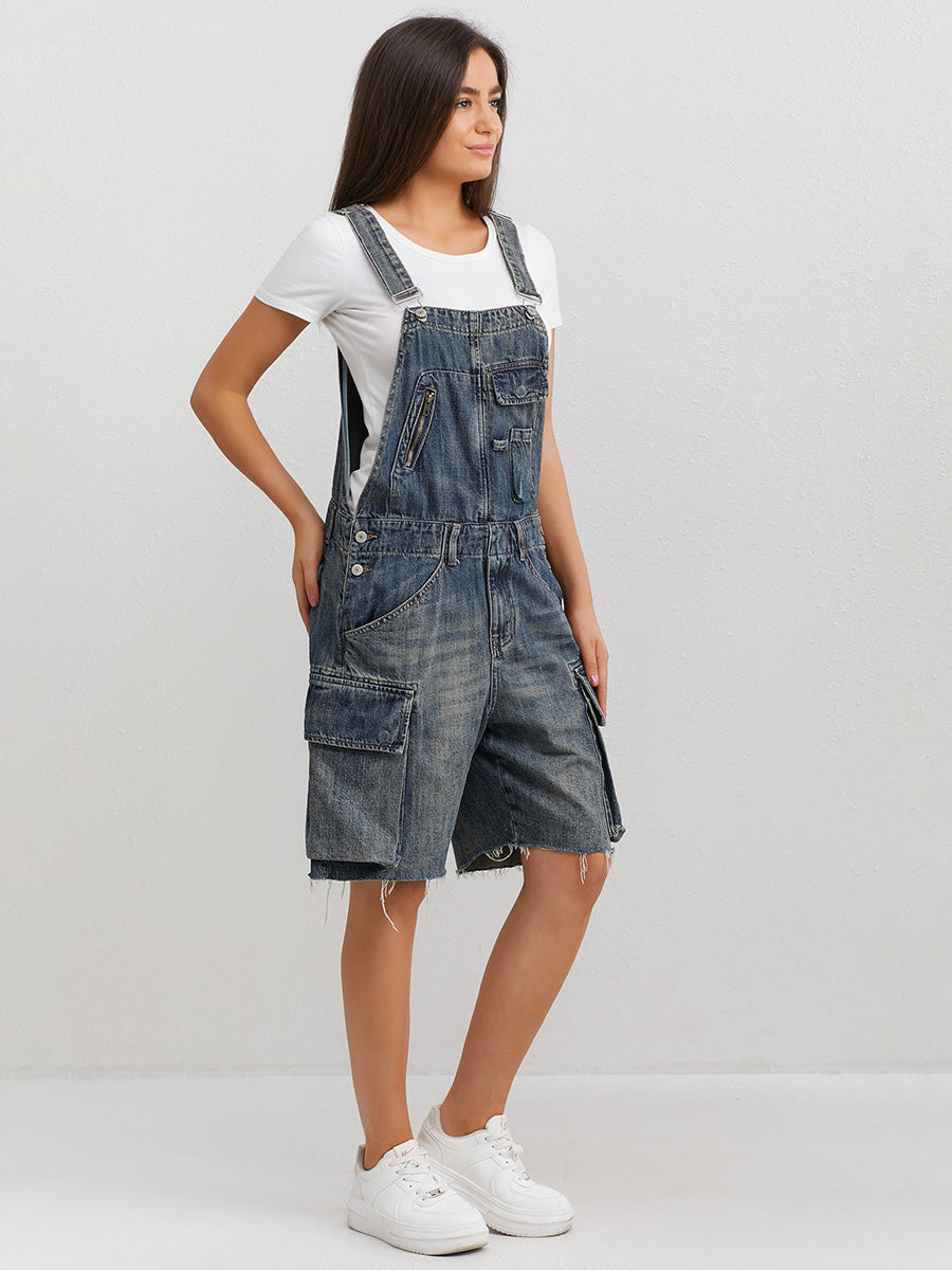 SUENTA Damen Denim Latzshorts – Vintage Inspirierter Overall mit Lockerer Passform