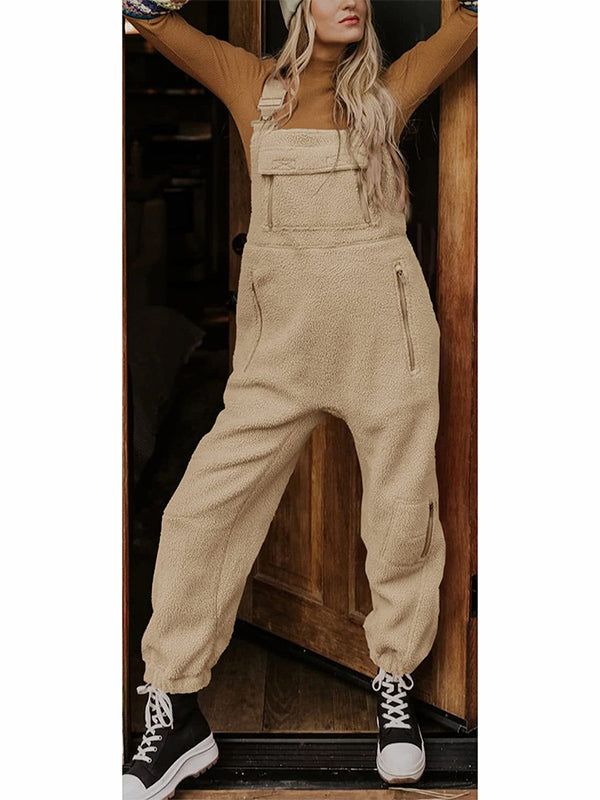SUENTA Damen Fleece Thermo Overall – Warmer Einteiler mit Praktischen Reißverschlusstaschen Khaki