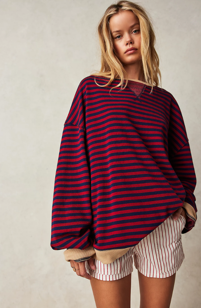 SUENTA Damen Gestreifter Oversize-Pullover Gemütlich Schwarz & Rot