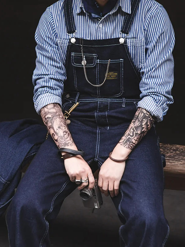 SUENTA Herren Latzhose Indigo Denim 100 Baumwolle Schmale Passform - Overall