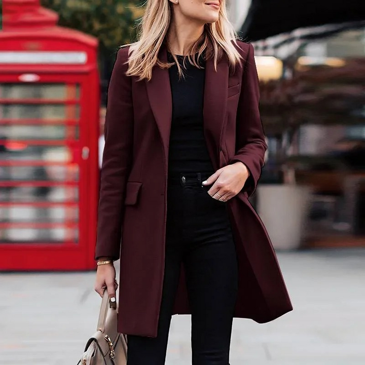 SUENTA Damen Trenchcoat Eleganter Einfache Knotung Edlen Materialien Weinrot
