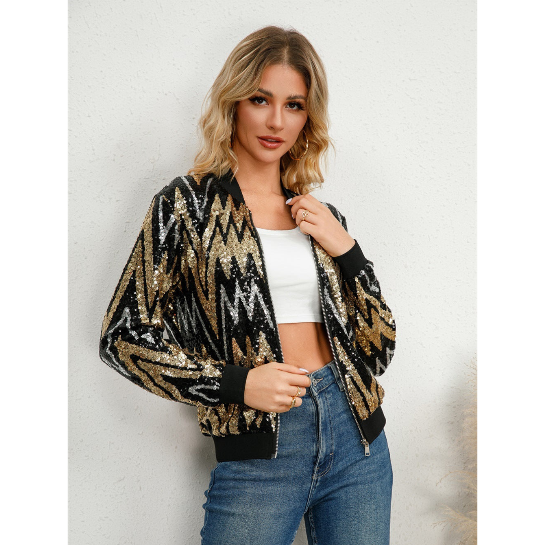 SUENTA Damen Schicke Reißverschlussjacke Für Paillette Glitzer
