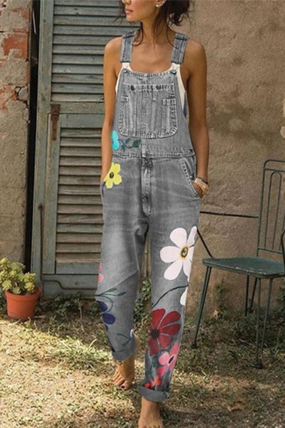 SUENTA Damen Latzhosen mit handgefertigten Blumenmotiven - Overall Grau