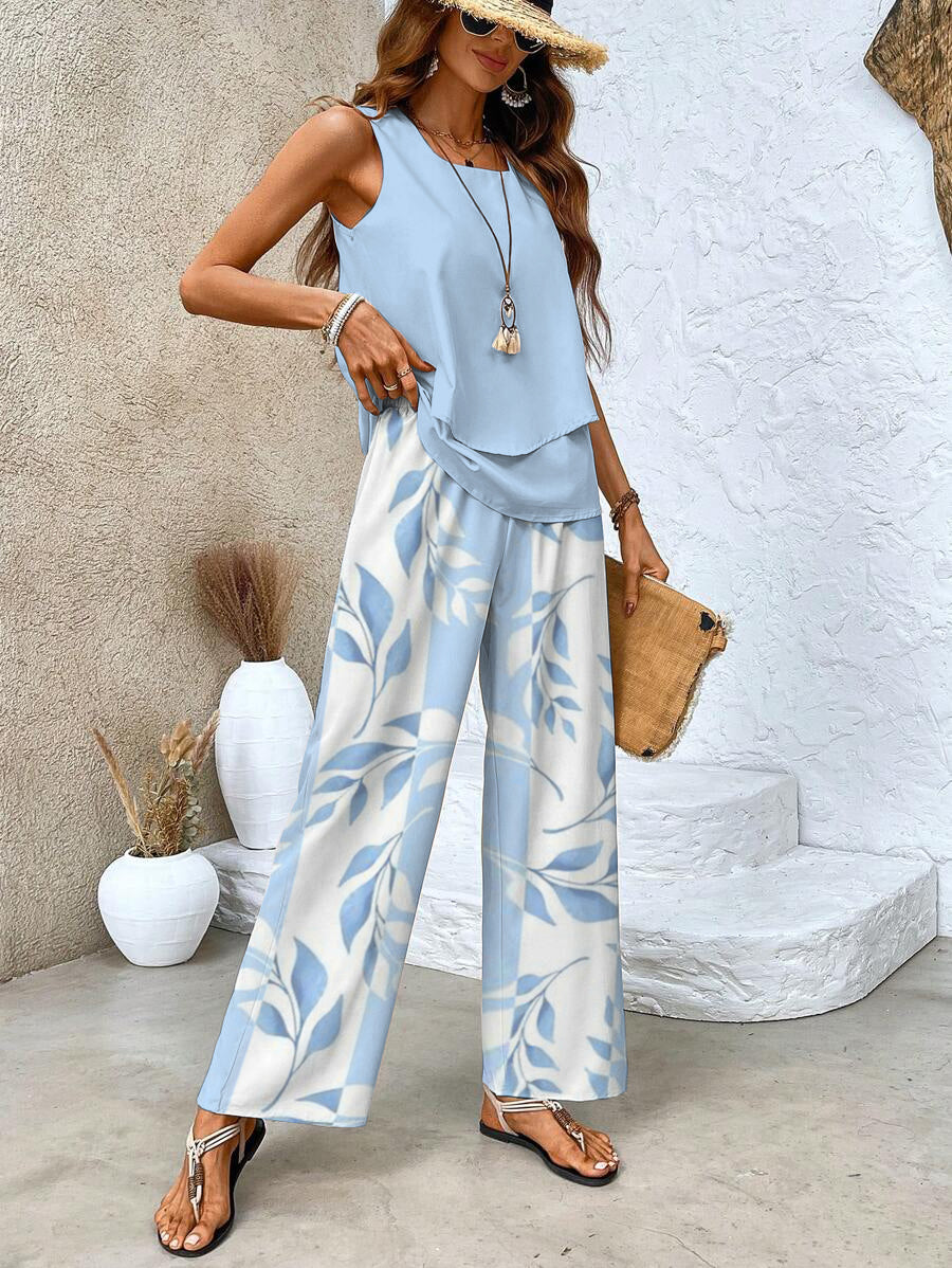 SUENTA Damen Sommer Zweiteiler – Elegantes Set mit Blauem Blumenmuster