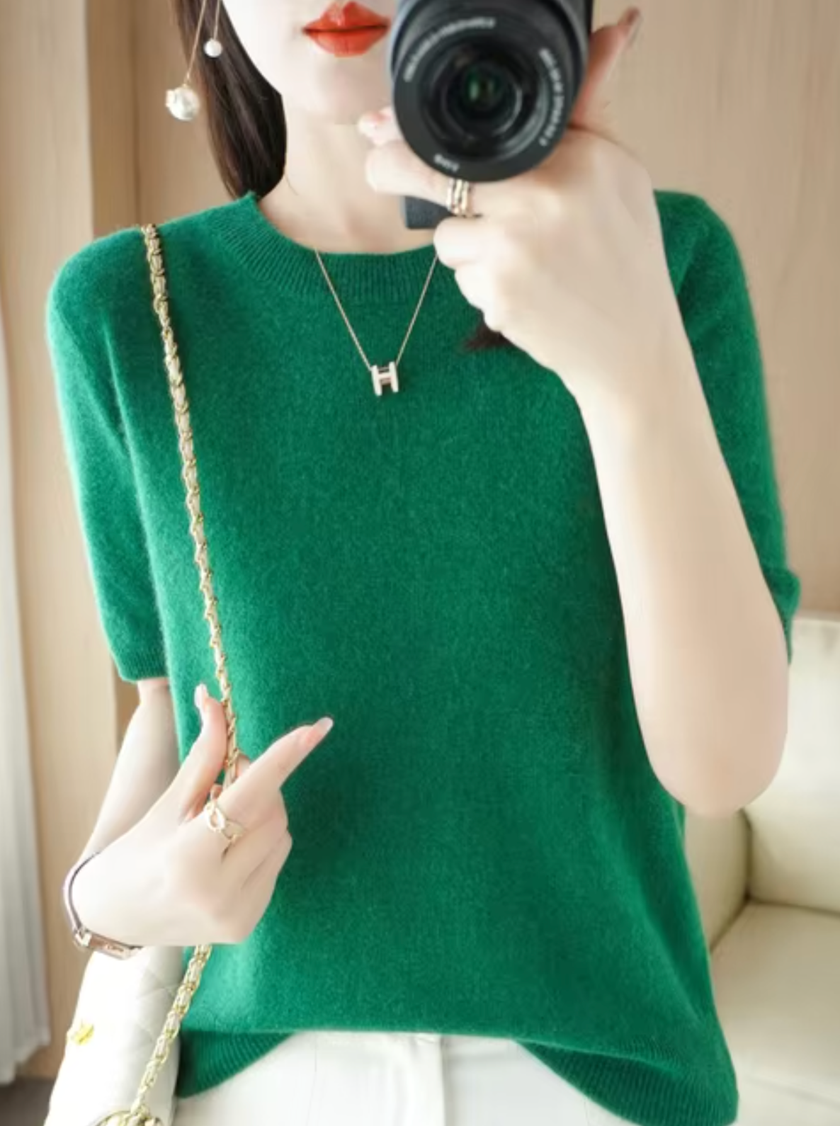 SUENTA Kurzärmliger Pullover aus Wolle Weiche Wärme Grün