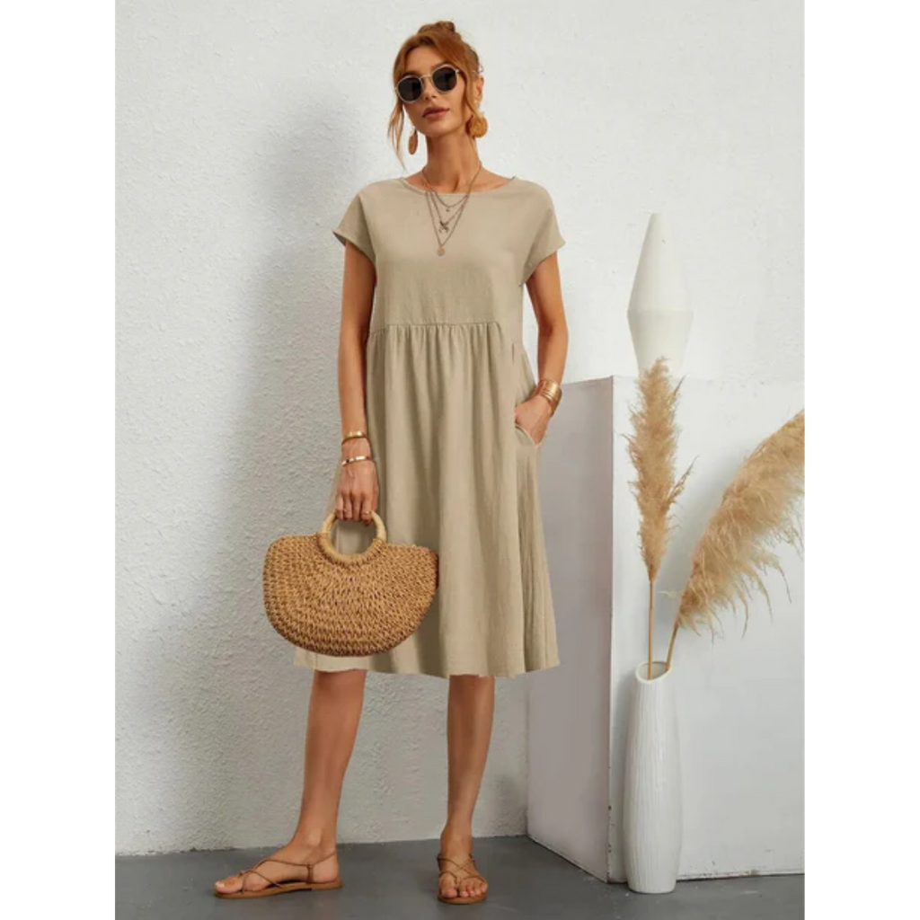 SUENTA Damen Sommerkleid – Midi Kleid mit Kurzen Ärmeln aus Hochwertigem Stoff Khaki