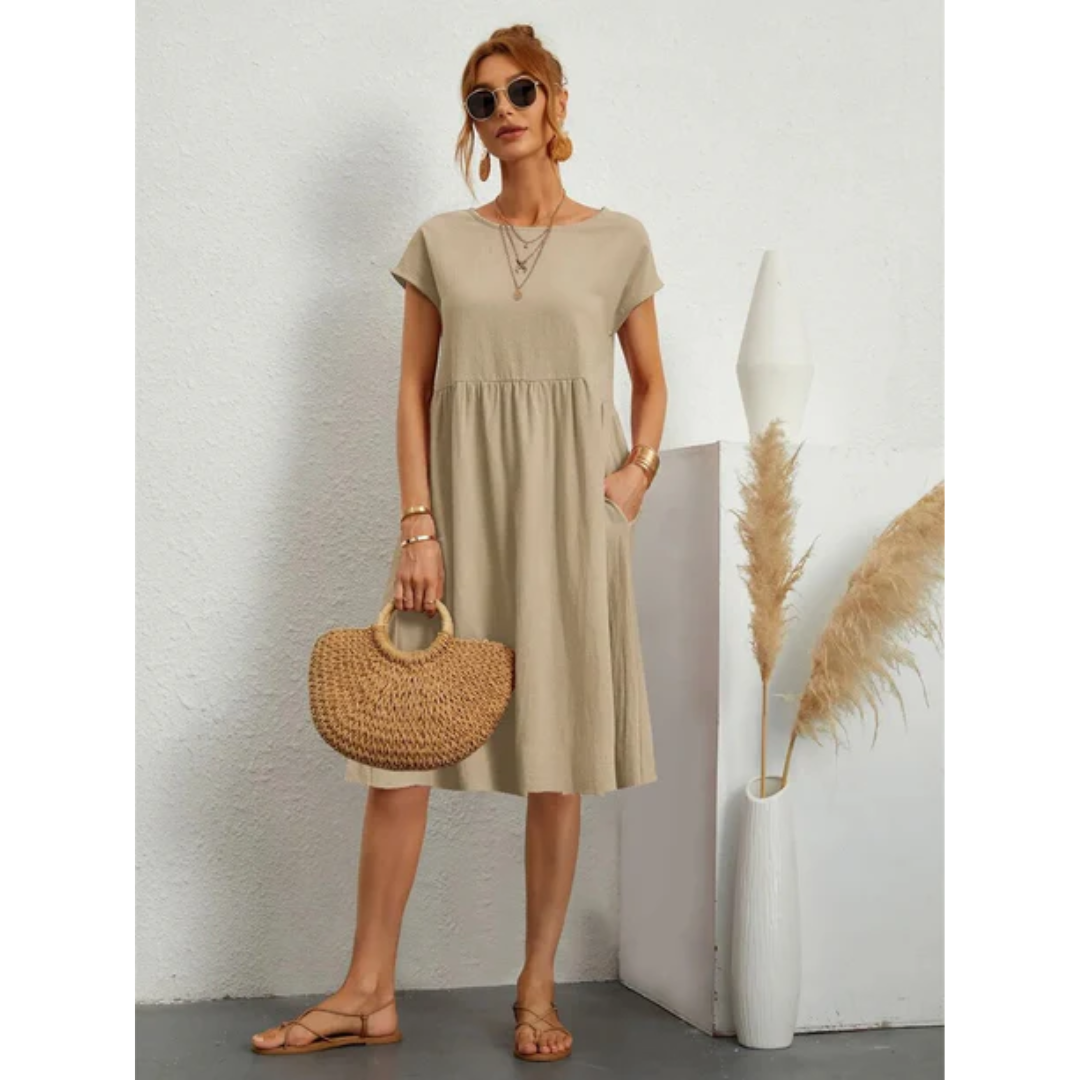 SUENTA Damen Sommerkleid – Midi Kleid mit Kurzen Ärmeln aus Hochwertigem Stoff Khaki