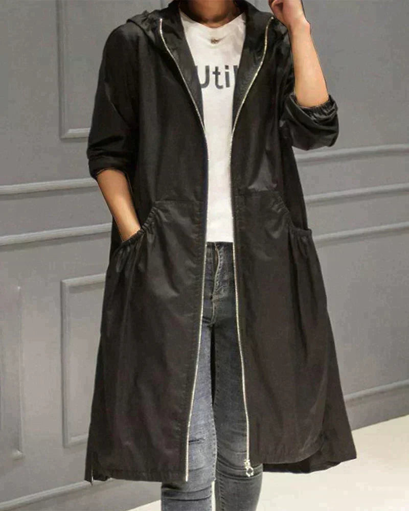 SUENTA Lange Regenjacke Für Damen Mit Kapuze Knielangen Schnitt - Winterjacke Damen Schwarz