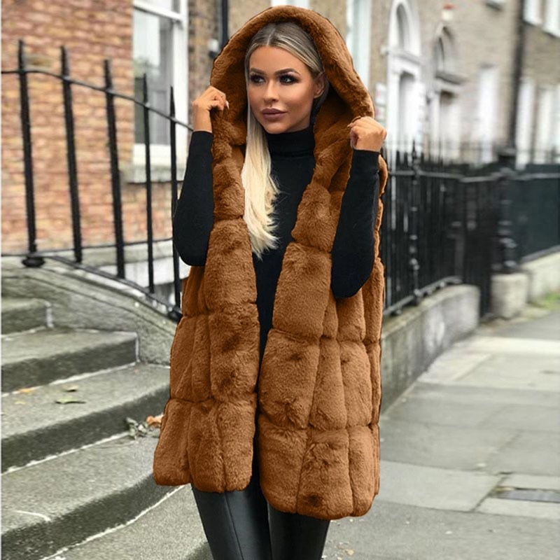 SUENTA Damen Kunstpelz Weste Strickjacke Aus Kunstpelz Gefüttert BROWN