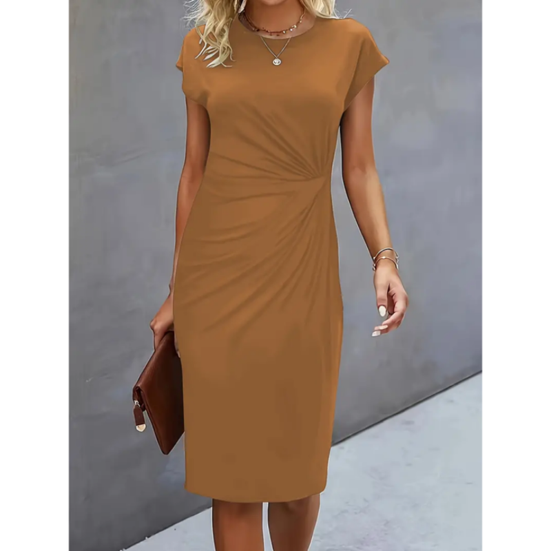 SUENTA Damen Midi Kleid – Kurzärmliges Formelles Kleid mit Eleganz und Stil Khaki