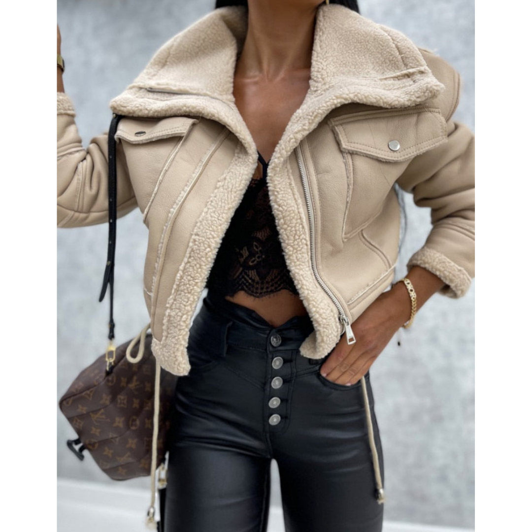 SUENTA Damen Warme Winter Cropped Jacke Stylisch Kurzer Schnitt Beige