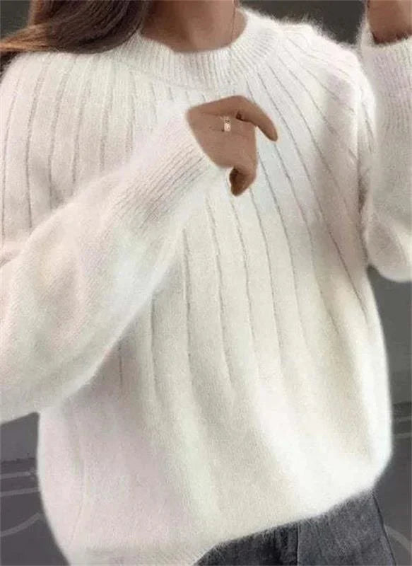 SUENTA Damen Fluffige Kaschmir Gestrickter Pullover Wärme Komfort Weiß