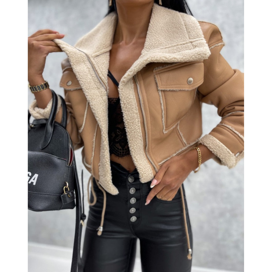 SUENTA Damen Warme Winter Cropped Jacke Stylisch Kurzer Schnitt Khaki