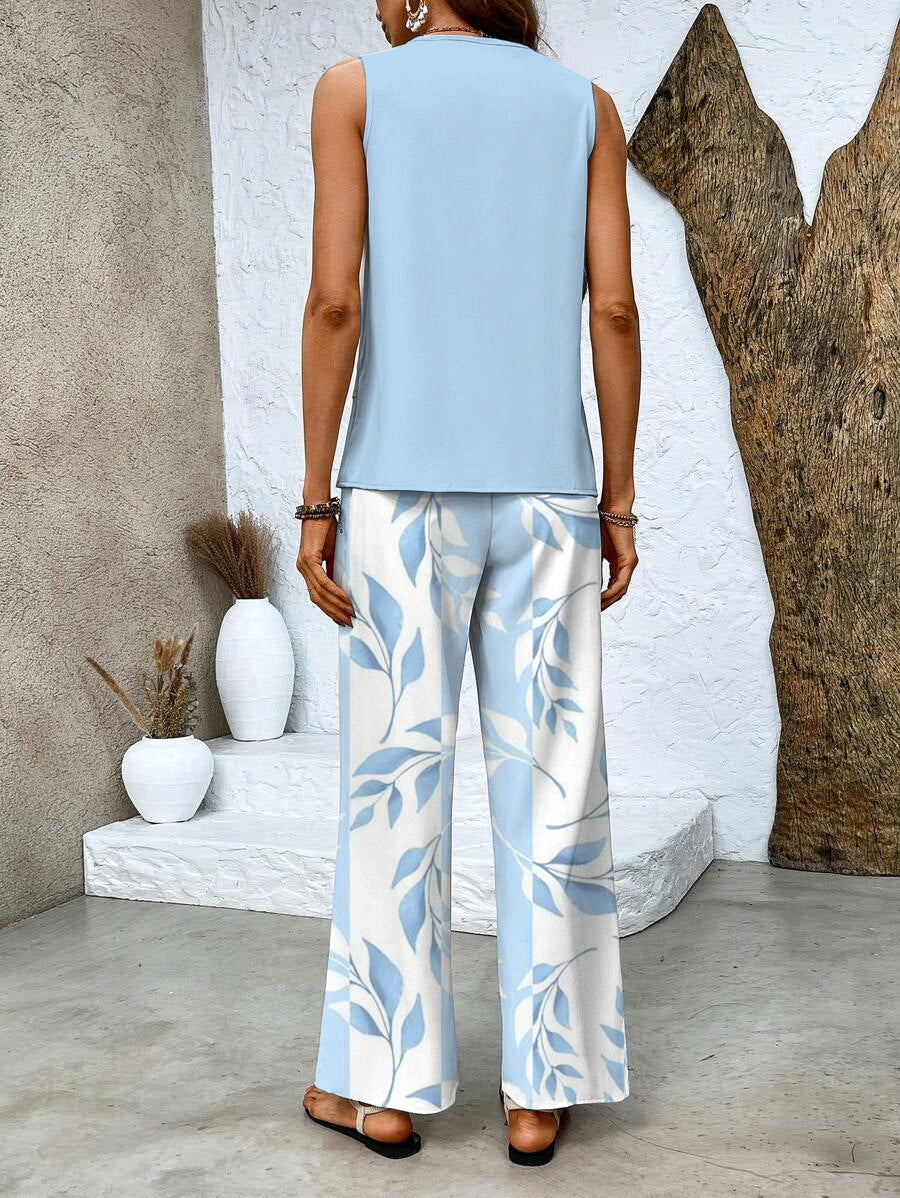 SUENTA Damen Sommer Zweiteiler – Elegantes Set mit Blauem Blumenmuster